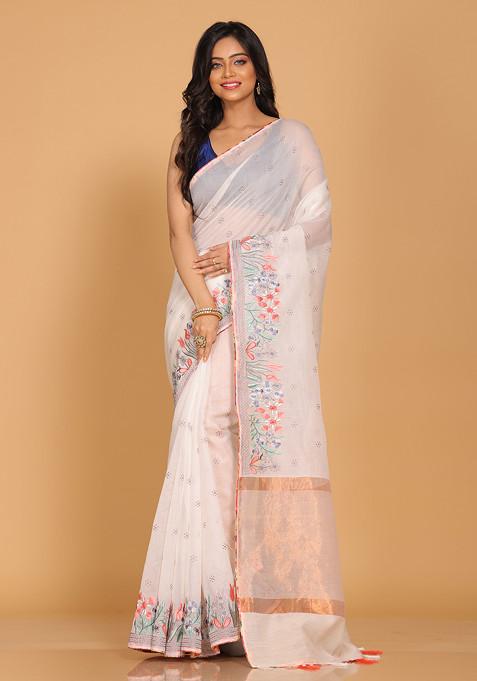 White Embroidered Striped Saree Set