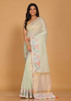 Sea Green Embroidered Striped Saree Set