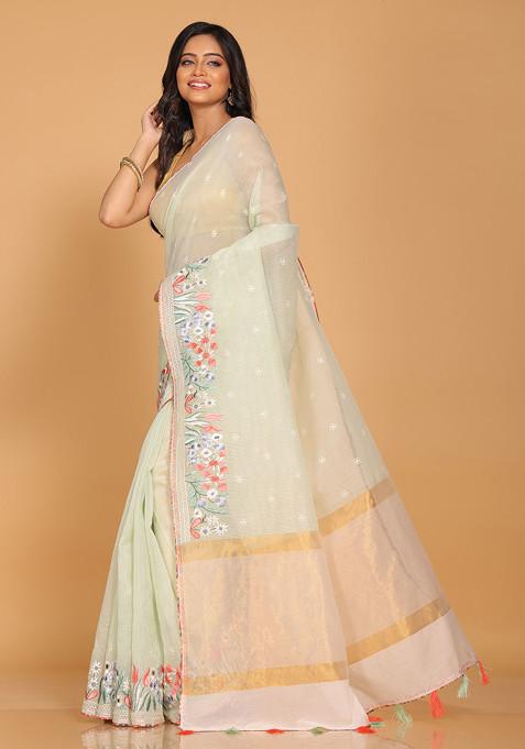 Sea Green Embroidered Striped Saree Set