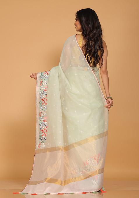 Sea Green Embroidered Striped Saree Set