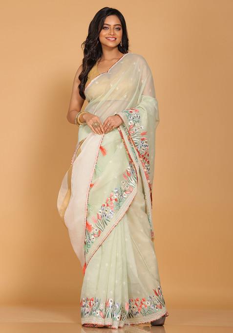 Sea Green Embroidered Striped Saree Set