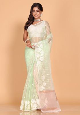 Green Embroidered Striped Organza Saree Set