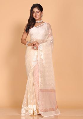 Beige Embroidered Striped Organza Saree Set