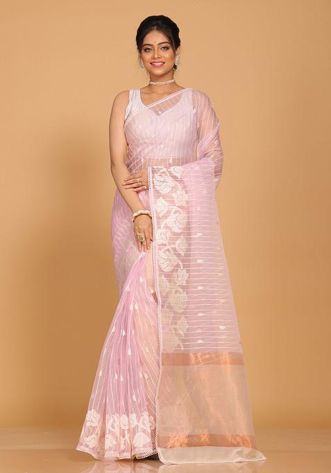 Light Pink Embroidered Striped Organza Saree Set