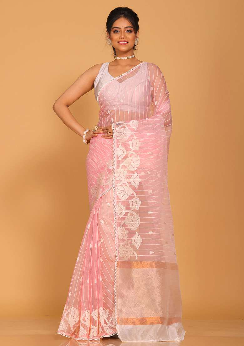 Pink Embroidered Striped Organza Saree Set for Diwali and Festive Wear - Indya
