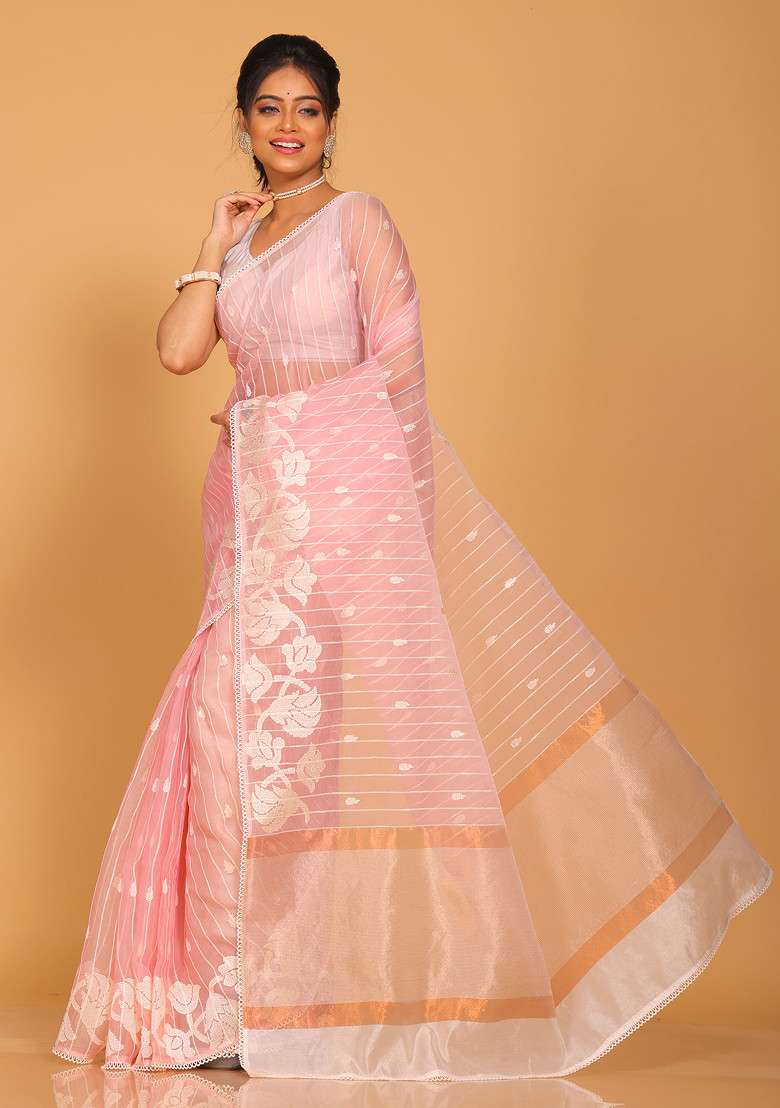 Pink Embroidered Striped Organza Saree Set for Diwali and Festive Wear - Indya