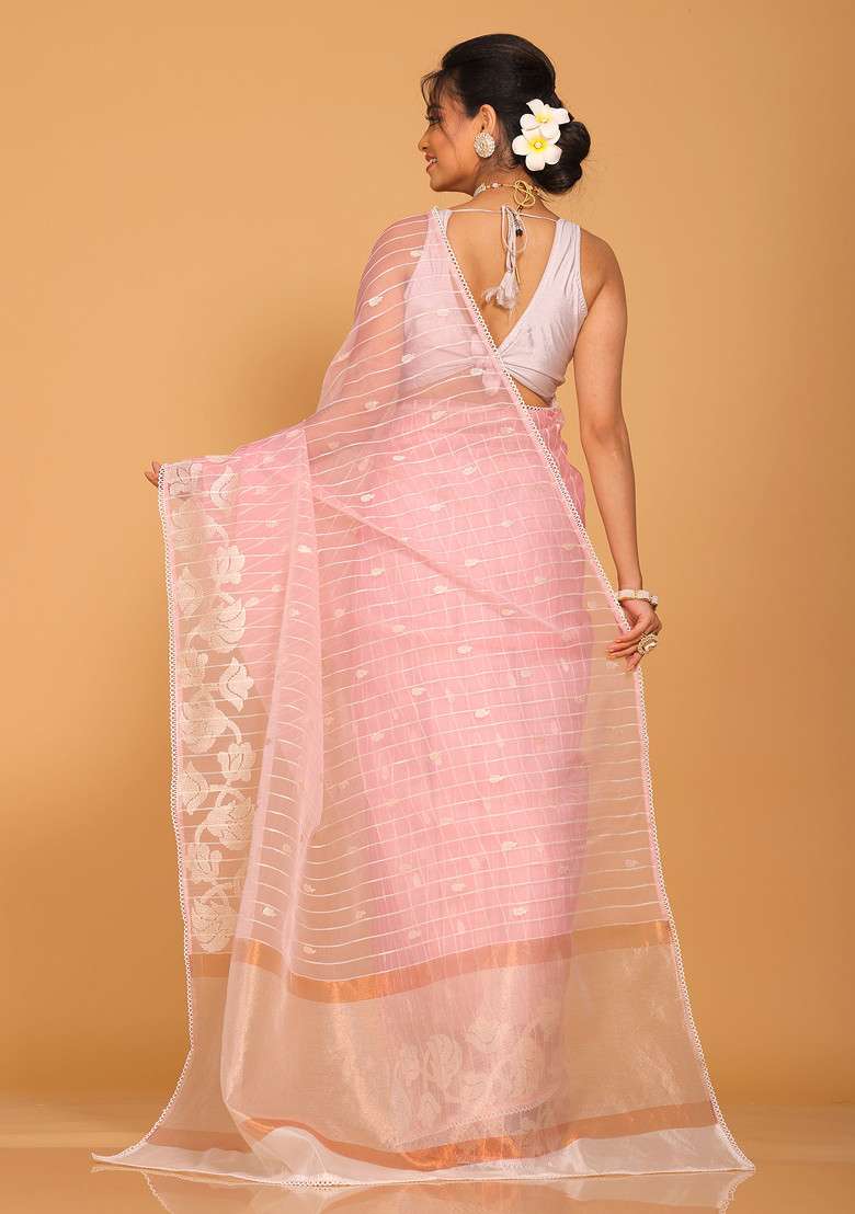 Pink Embroidered Striped Organza Saree Set for Diwali and Festive Wear - Indya