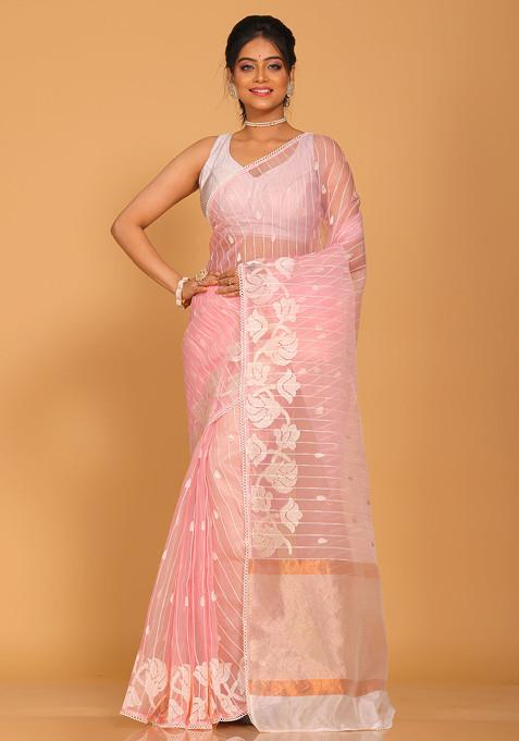 Pink Embroidered Striped Organza Saree Set