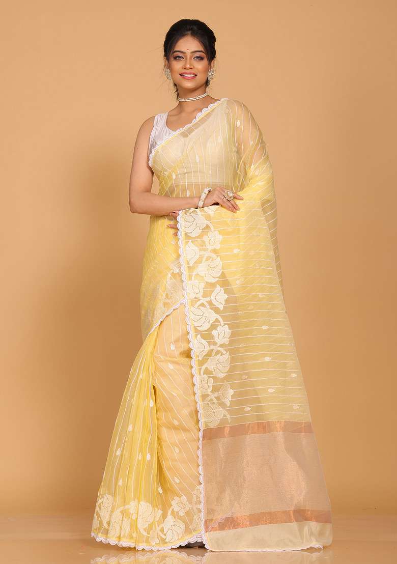 Yellow Striped Organza Saree Set with Embroidered for Diwali | Wedding & Festive Wear - Indya