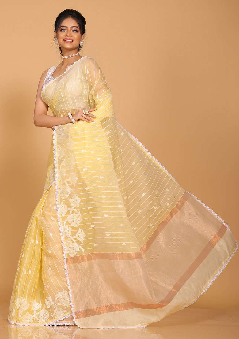Yellow Striped Organza Saree Set with Embroidered for Diwali | Wedding & Festive Wear - Indya
