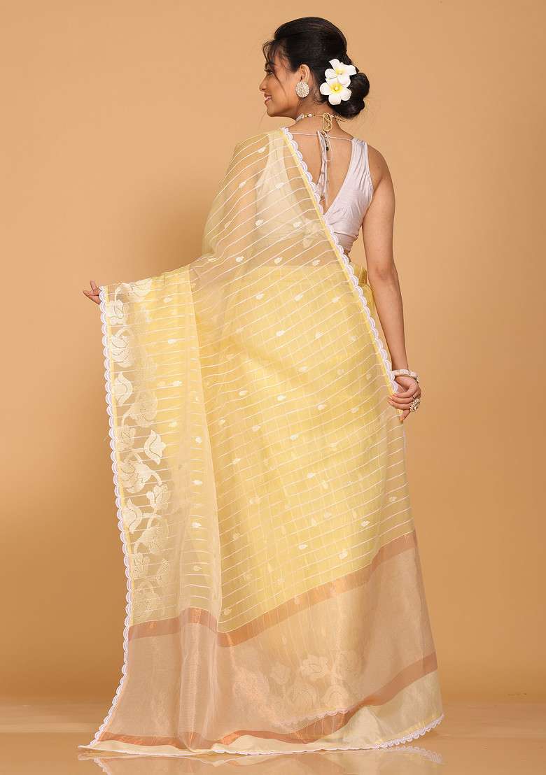 Yellow Striped Organza Saree Set with Embroidered for Diwali | Wedding & Festive Wear - Indya