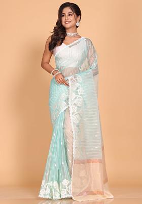 Sky Blue Embroidered Striped Organza Saree Set