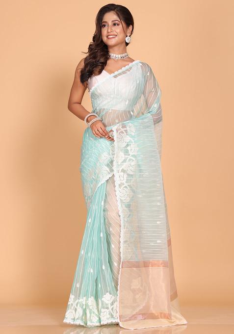 Sky Blue Embroidered Striped Organza Saree Set