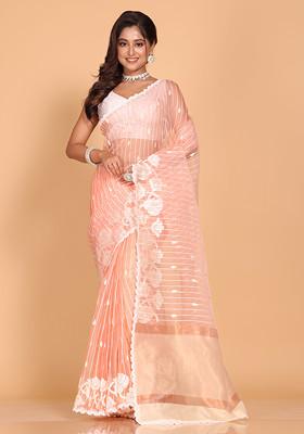 Peach Embroidered Striped Organza Saree Set