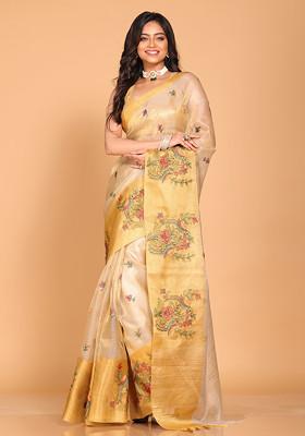 Golden Zari Embroidered Tissue Saree Set