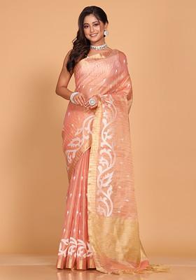 Pink Zari Embroidered Tissue Saree Set