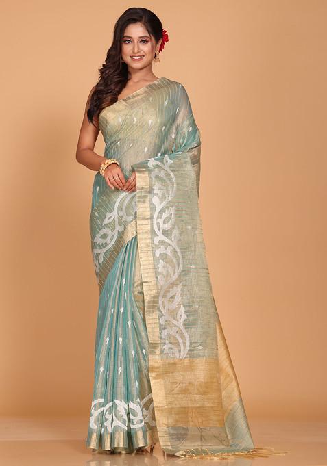 Sky Blue Zari Embroidered Tissue Saree Set