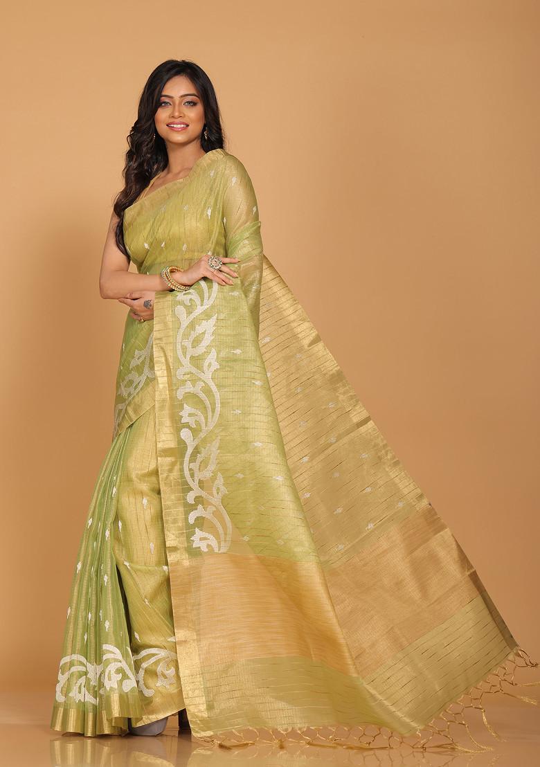 Green Zari Embroidered Tissue Saree Set