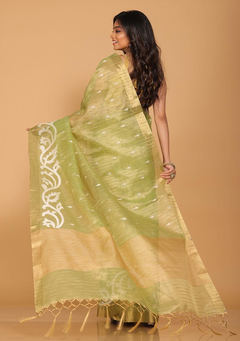 Green Zari Embroidered Tissue Saree Set