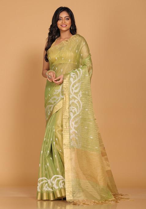 Green Zari Embroidered Tissue Saree Set