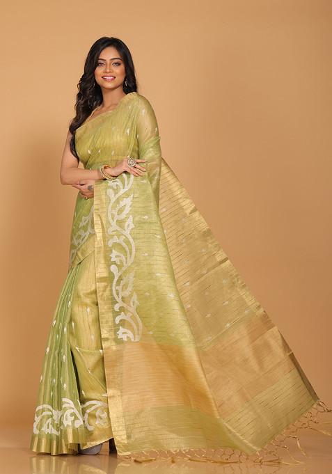 Green Zari Embroidered Tissue Saree Set