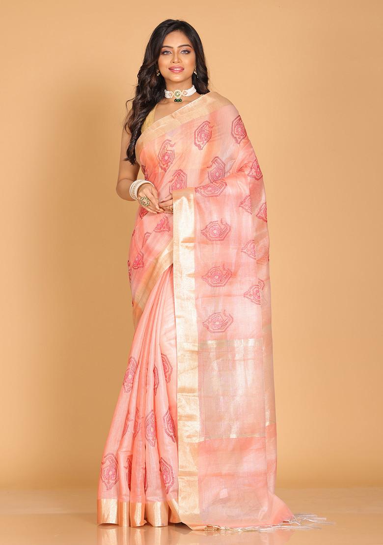 Red Zari Embroidered Tissue Saree Set