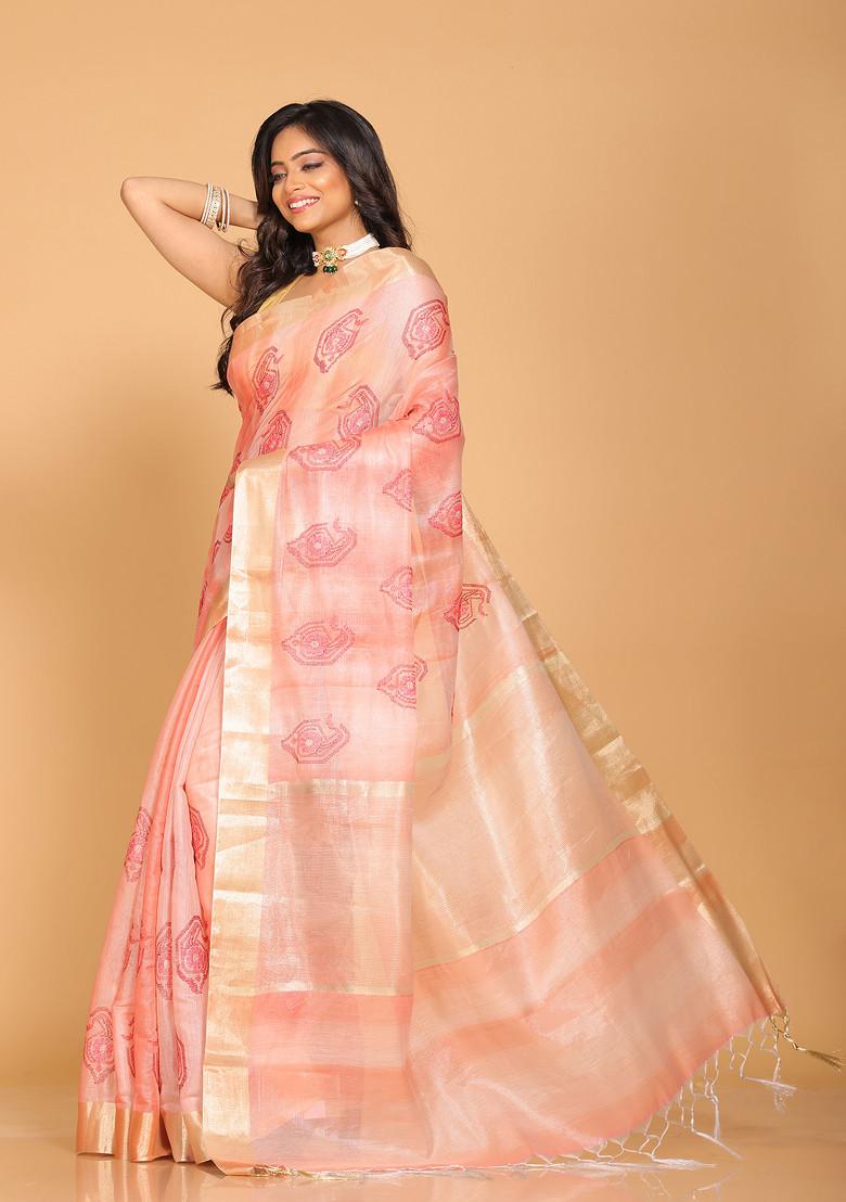 Red Zari Embroidered Tissue Saree Set