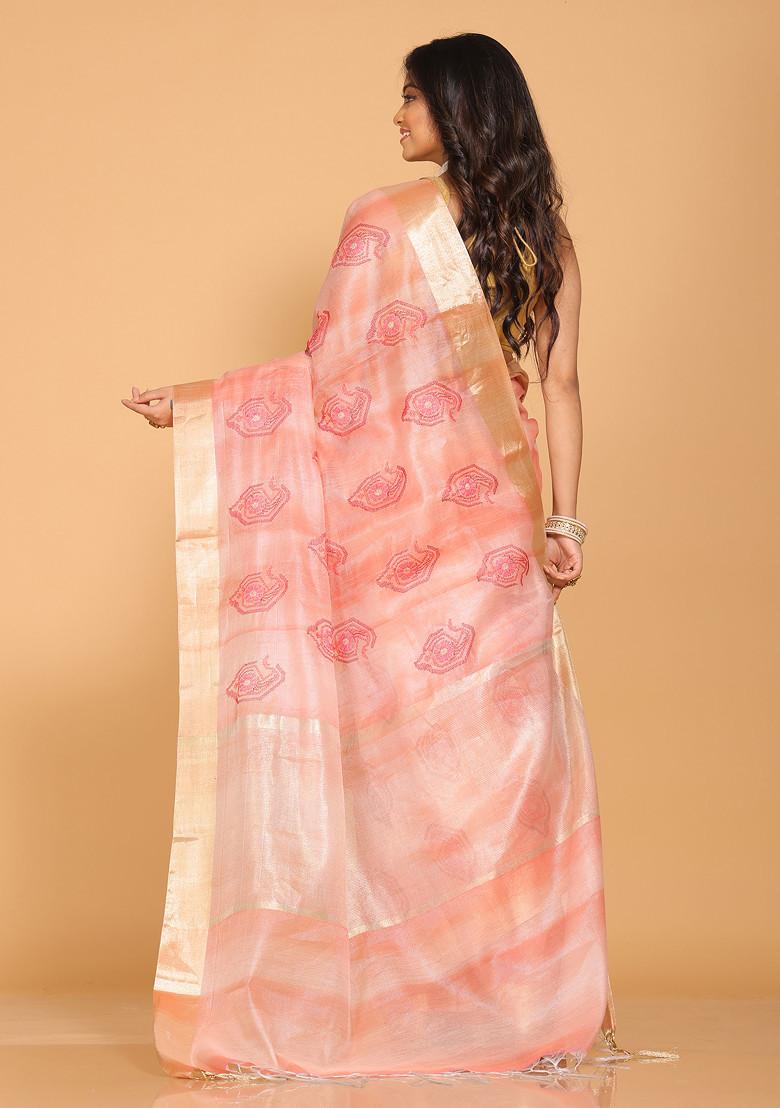 Red Zari Embroidered Tissue Saree Set