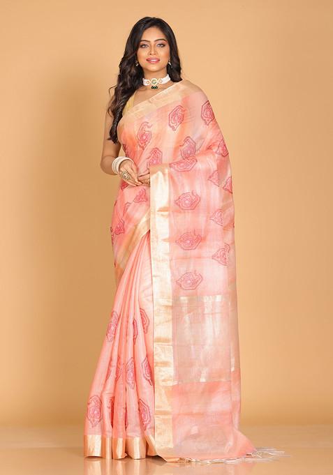 Red Zari Embroidered Tissue Saree Set