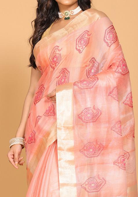 Red Zari Embroidered Tissue Saree Set