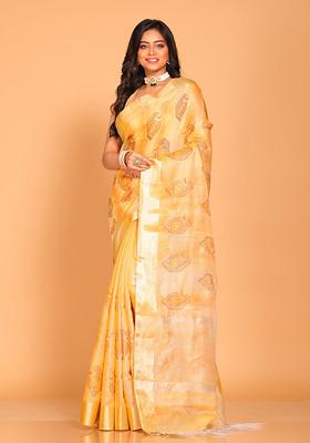 Yellow Zari Embroidered Tissue Saree Set