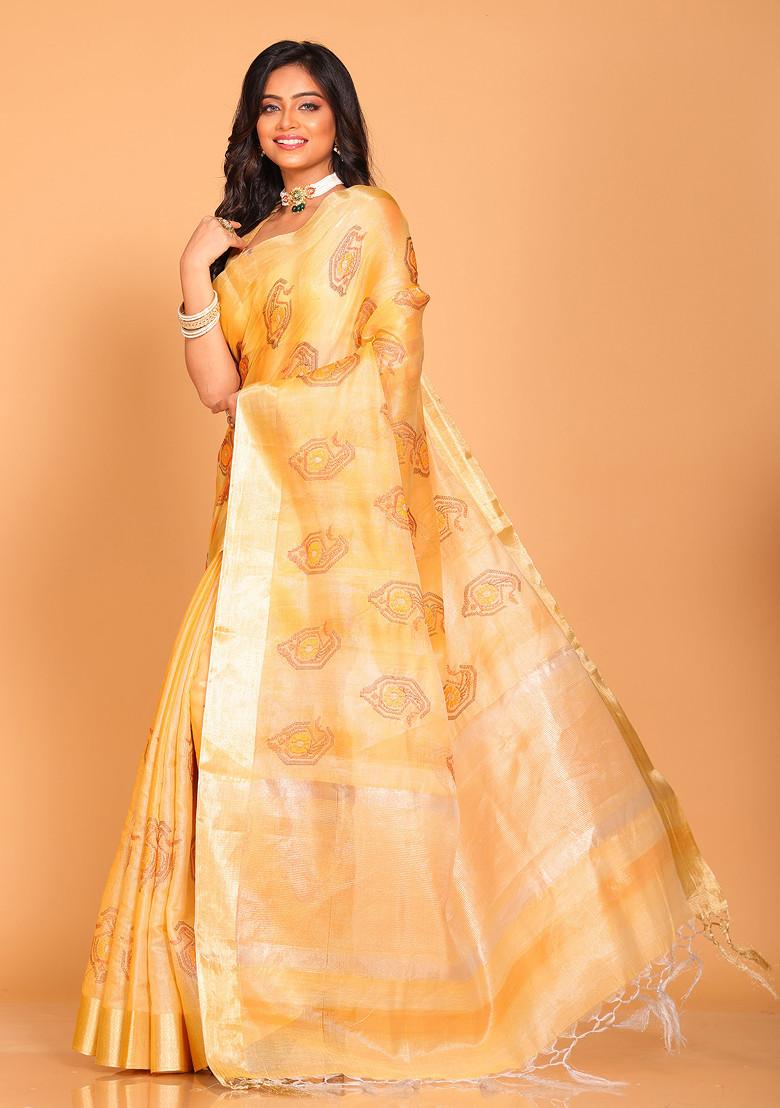 Yellow Zari Embroidered Tissue Saree Set
