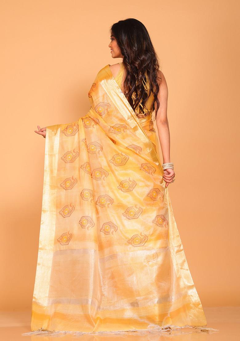 Yellow Zari Embroidered Tissue Saree Set
