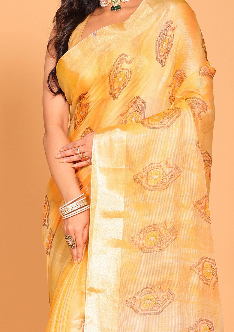 Yellow Zari Embroidered Tissue Saree Set