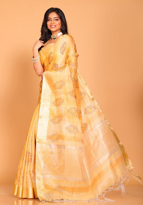 Yellow Zari Embroidered Tissue Saree Set