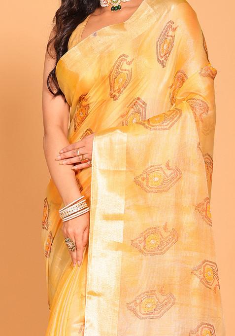 Yellow Zari Embroidered Tissue Saree Set