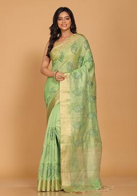 Green Zari Embroidered Tissue Saree Set