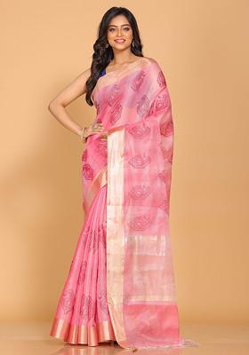 Pink Zari Embroidered Tissue Saree Set