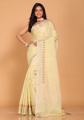 Light Green Embroidered Linen Saree Set