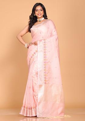 Pink Embroidered Linen Saree Set