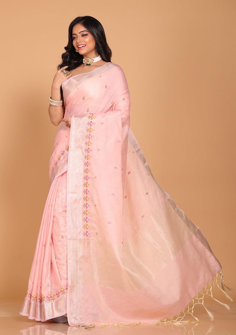 Pink Embroidered Linen Saree Set