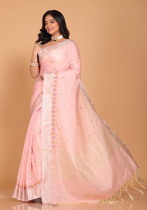 Pink Embroidered Linen Saree Set
