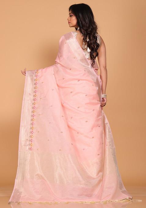 Pink Embroidered Linen Saree Set