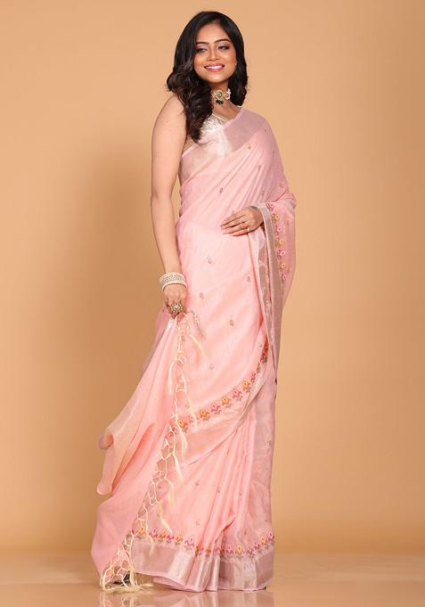 Pink Embroidered Linen Saree Set