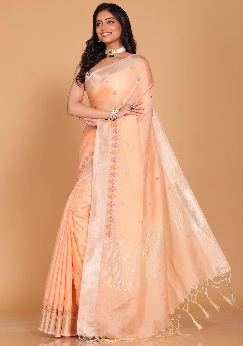 Peach Embroidered Linen Saree Set
