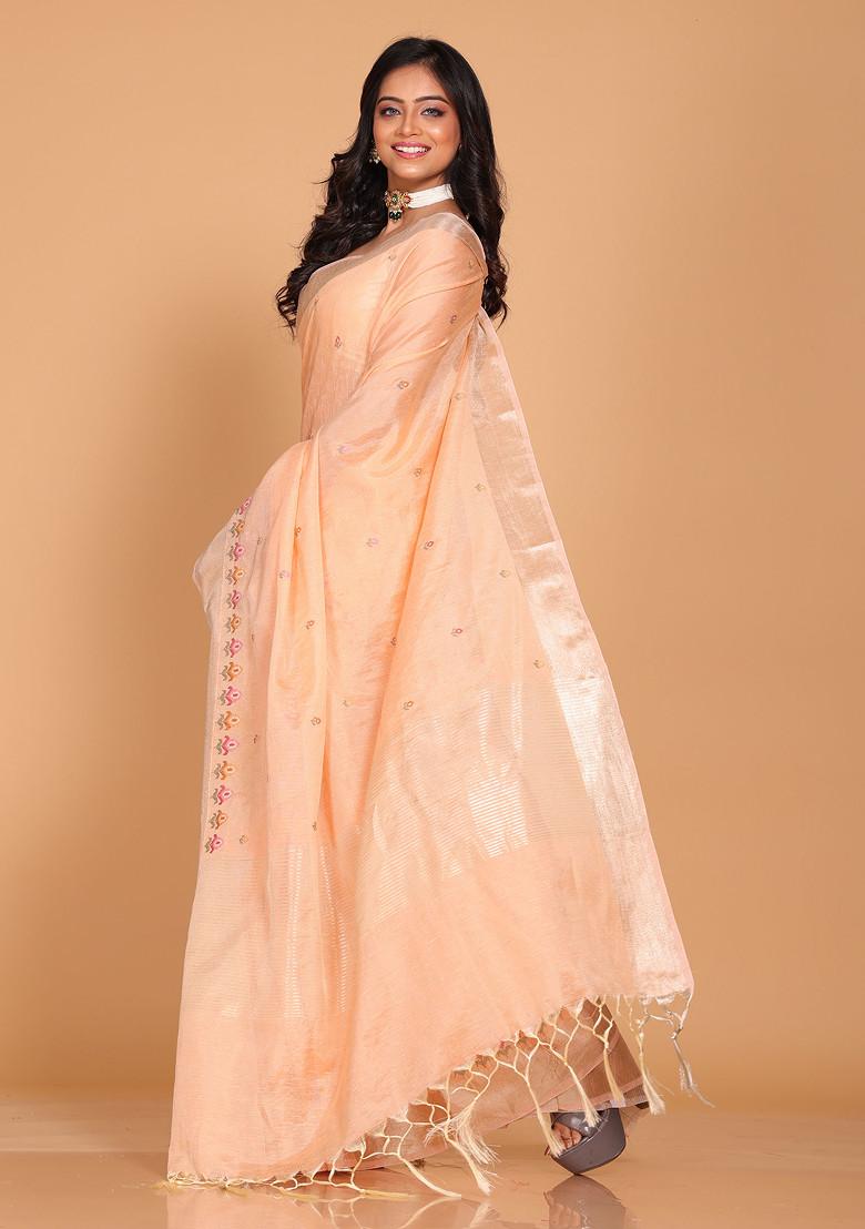 Peach Embroidered Linen Saree Set