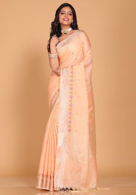 Peach Embroidered Linen Saree Set