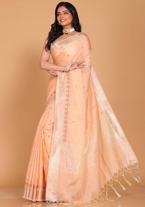 Peach Embroidered Linen Saree Set