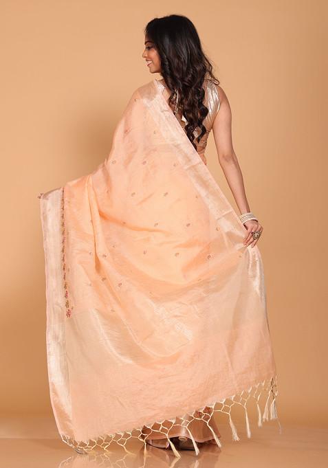Peach Embroidered Linen Saree Set