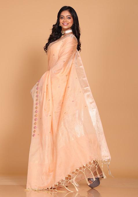 Peach Embroidered Linen Saree Set